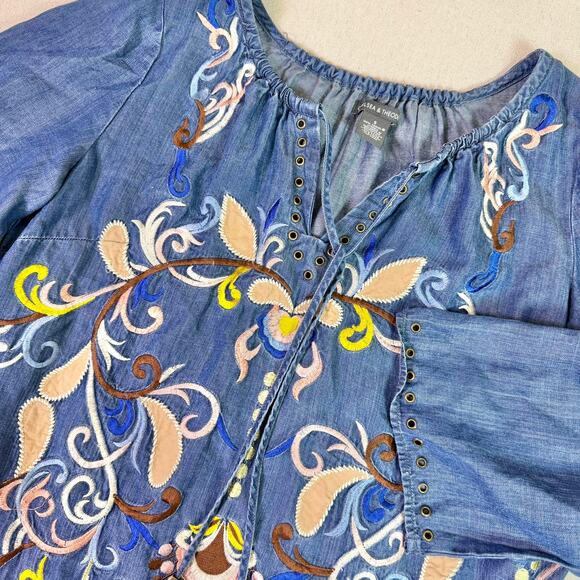 Chelsea & Theodore Dresses & Skirts - Embroidered Tencel Chambray Tunic Peasant Dress Women's S Boho Festival Cottage